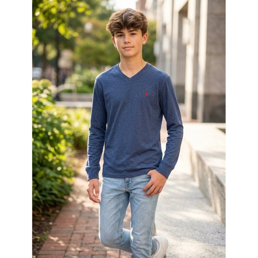 Polo Ralph Lauren Boys Navy Heather V-Neck Long Sleeve T-Shirt Size M 10-12 NWT